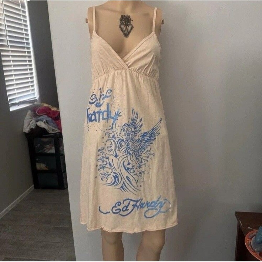 VTG Y2K 00s Ed Hardy Rhinestone Fairy Sun Dress Tan Blue Beach Sz M Babydoll USA
